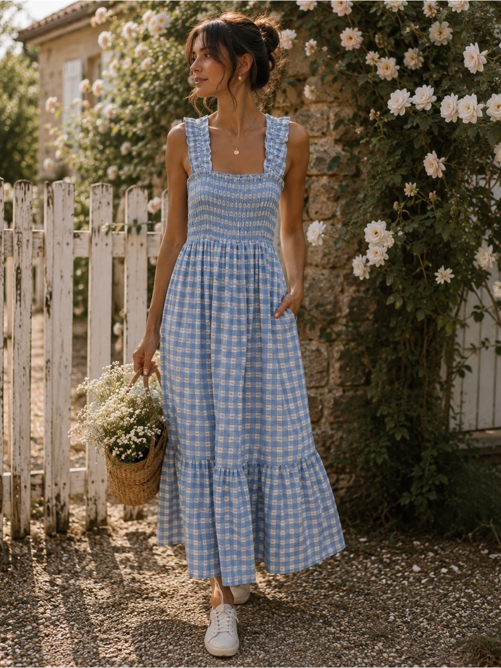 Cottagecore Preppy Light Blue Gingham Print Smocked Maxi Sundress Size L